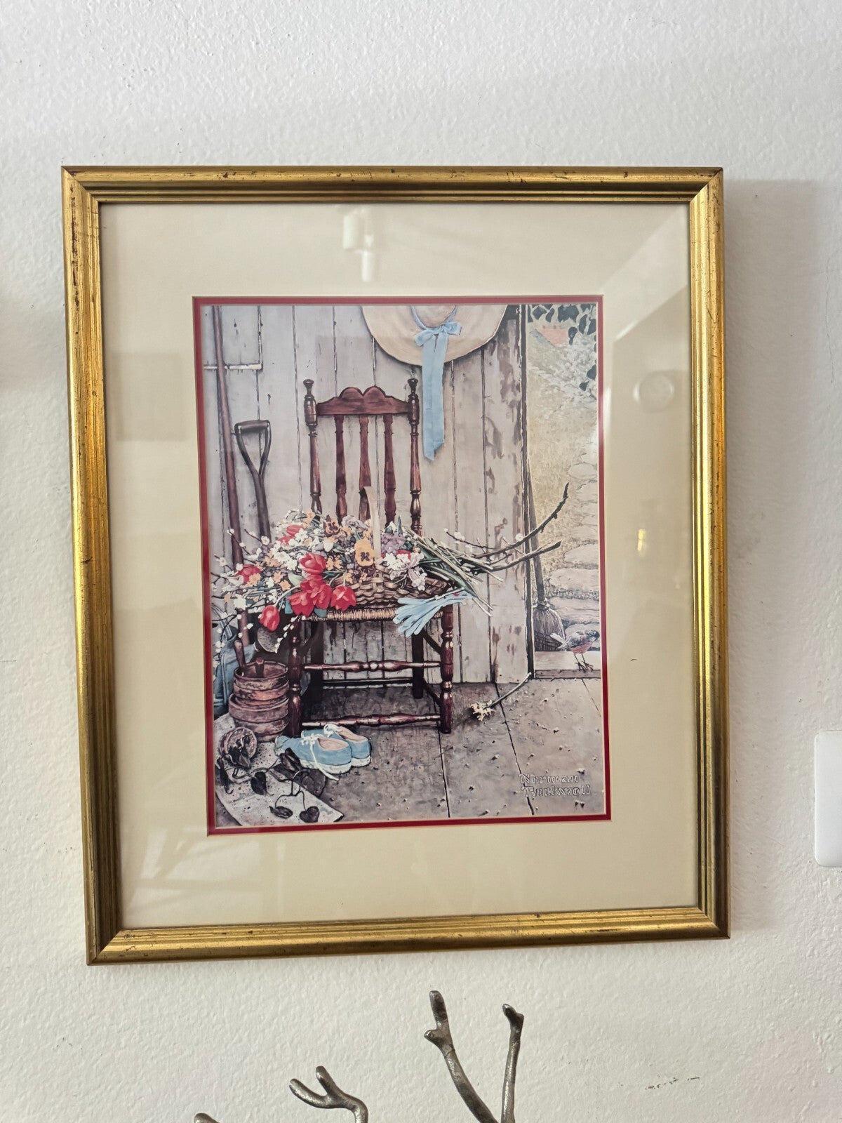 Framed Norman Rockwell II Print “Porch Scene with Flowers & Chair” 19x23 Vintage