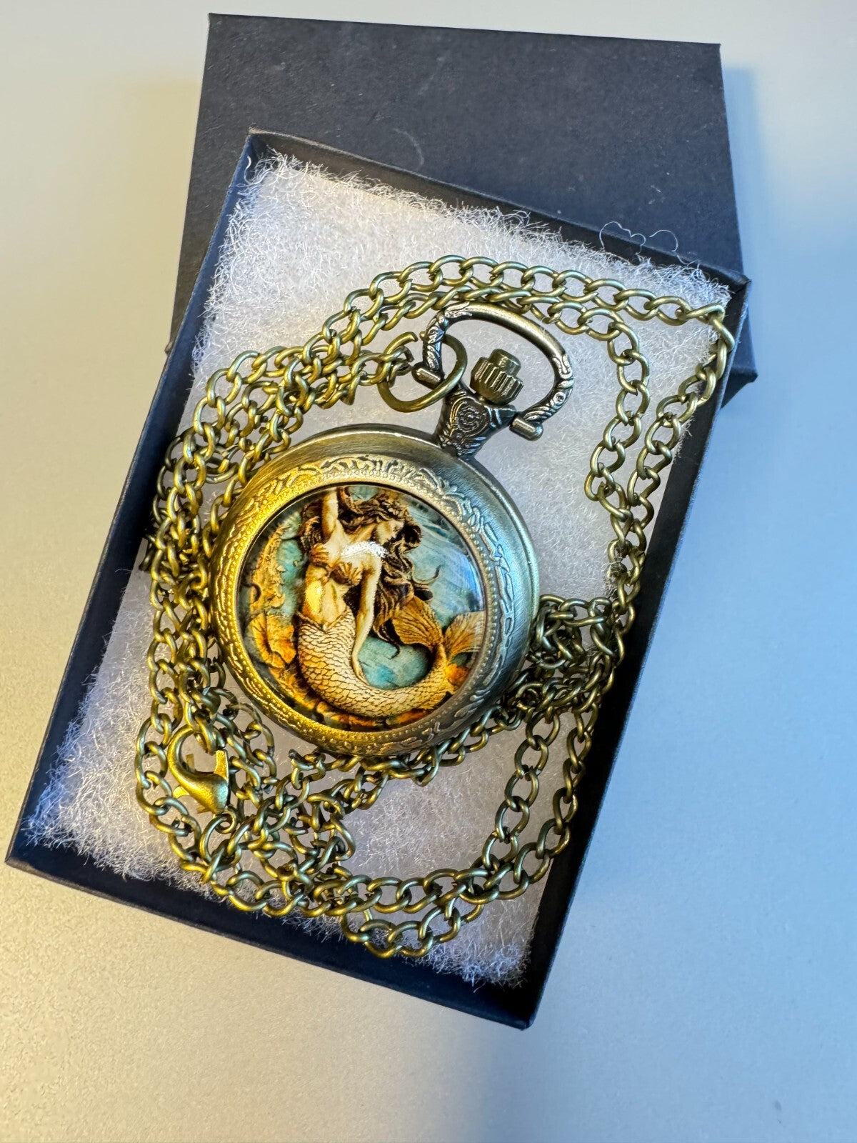 Mermaid Vintage Style  Brass Watch With Chain Toy Collectible
