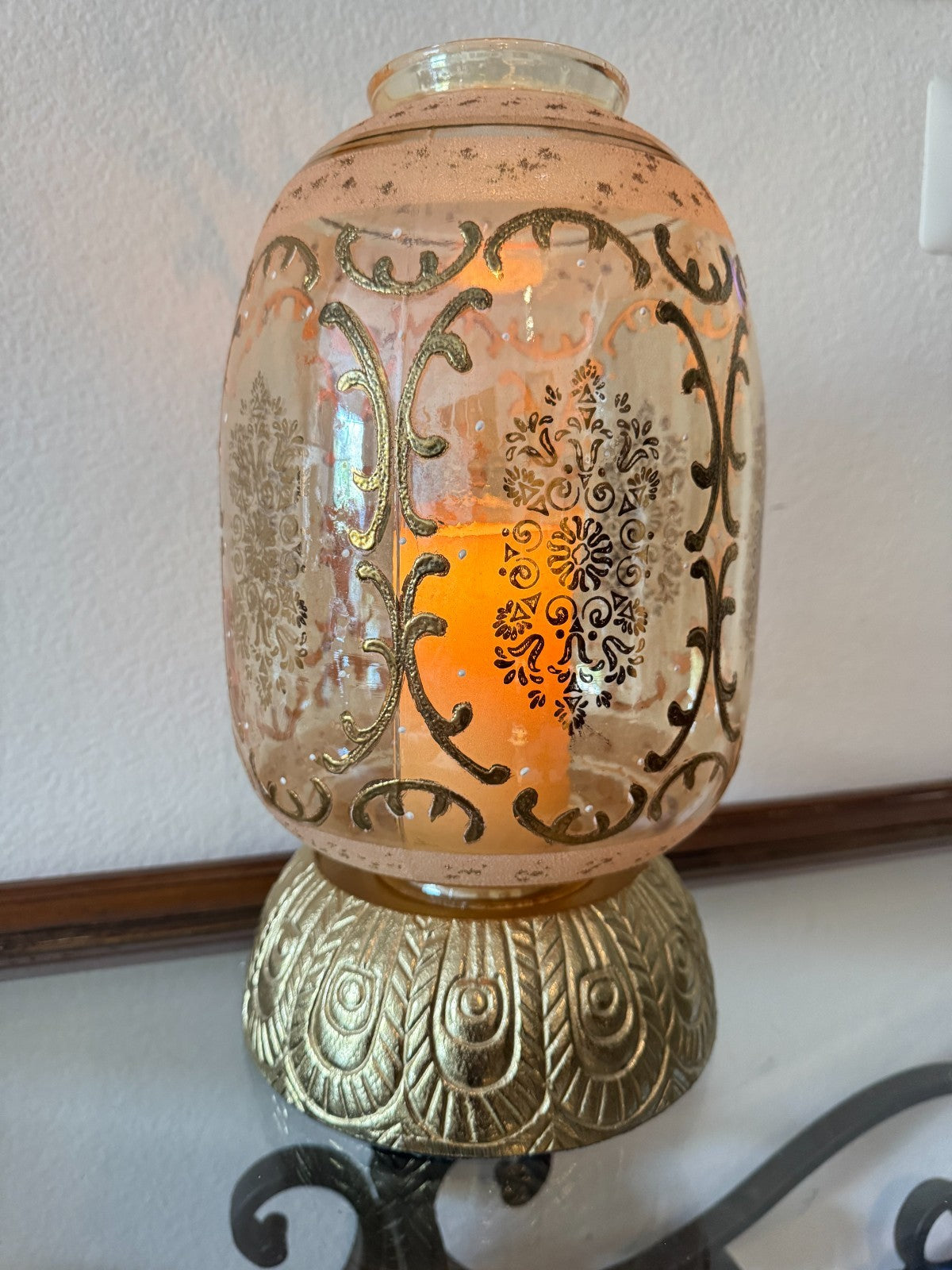 Glass Hurricane Candle Holder with Gold Embossed Pattern Tall 14