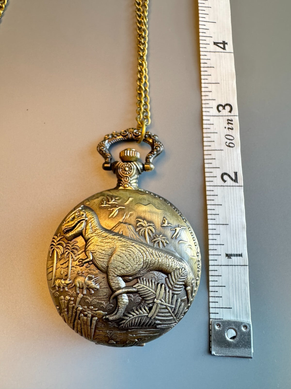 Bronze Dinosaur Embossed Pocket Watch. With Chain.Unisex . Gift and Souvenir