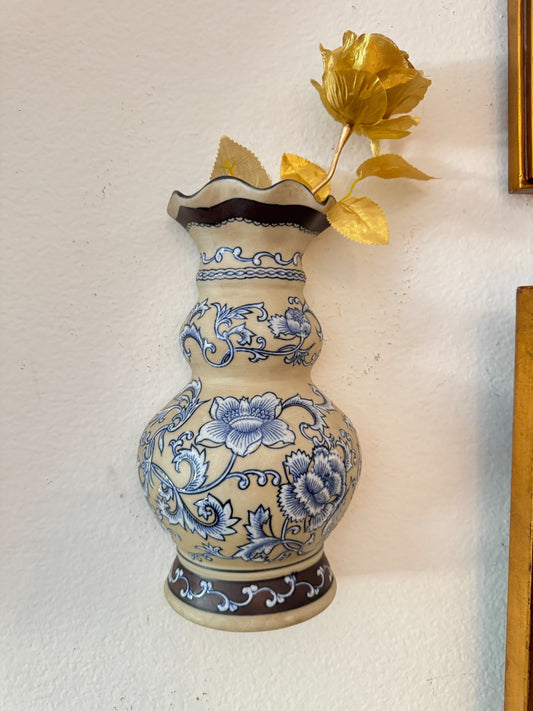 Formalities by Baum Bros. Blue & White Ceramic Wall  Vase – 13” Floral Asian