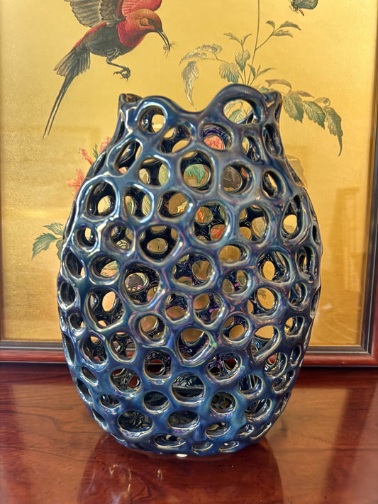 Iridescent Blue Ceramic Openwork Candle Holder Vase – 10” Modern Art Decor