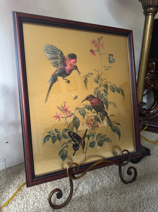 Vintage 19x16 Framed Bird & Butterfly Print by Rena – Nature Wall Art