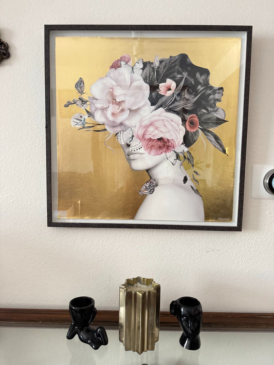 Framed Modern Art Print by Marmont – Floral & Gold Abstract Portrait – 24” x 24”