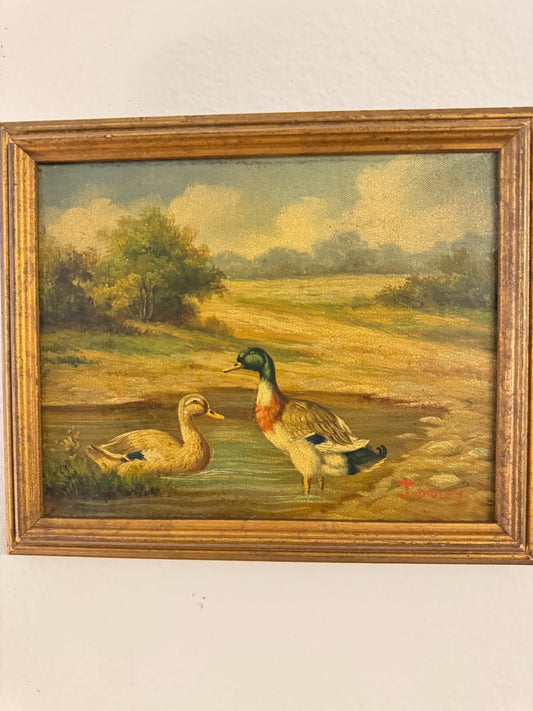 Vintage J. Dudley Framed Oil Painting Ducks in Landscape – 11” x 9”