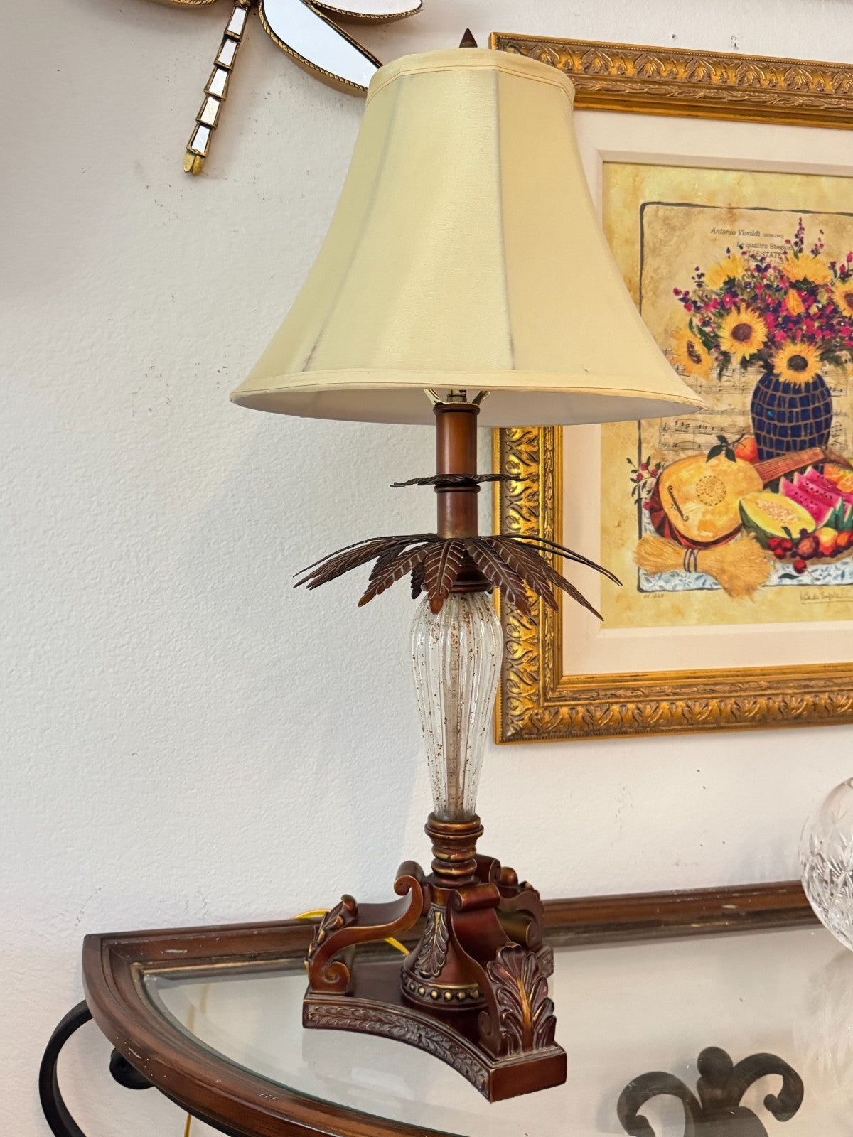 Vintage Tropical Palm Leaf Table Lamp with Fabric Shade  28” Ornate Resin & Glam