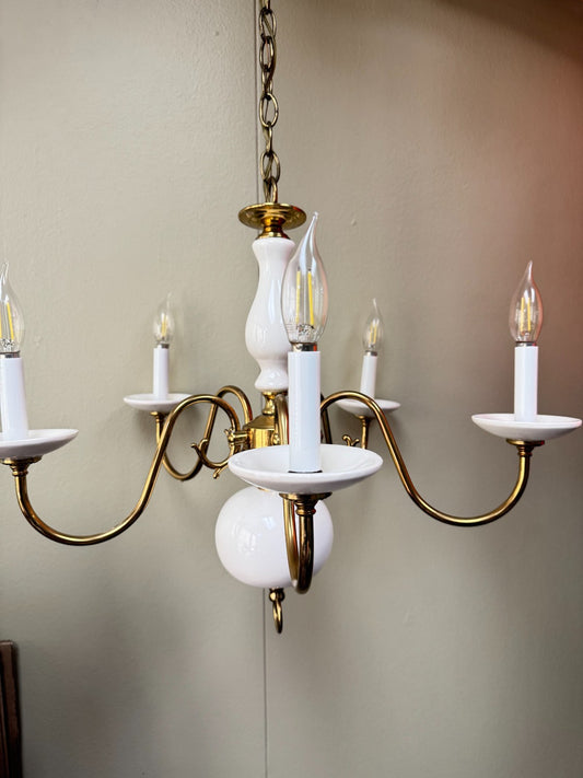 Vintage Brass & White Porcelain 5-Light Chandelier – Elegant Classic Hanging