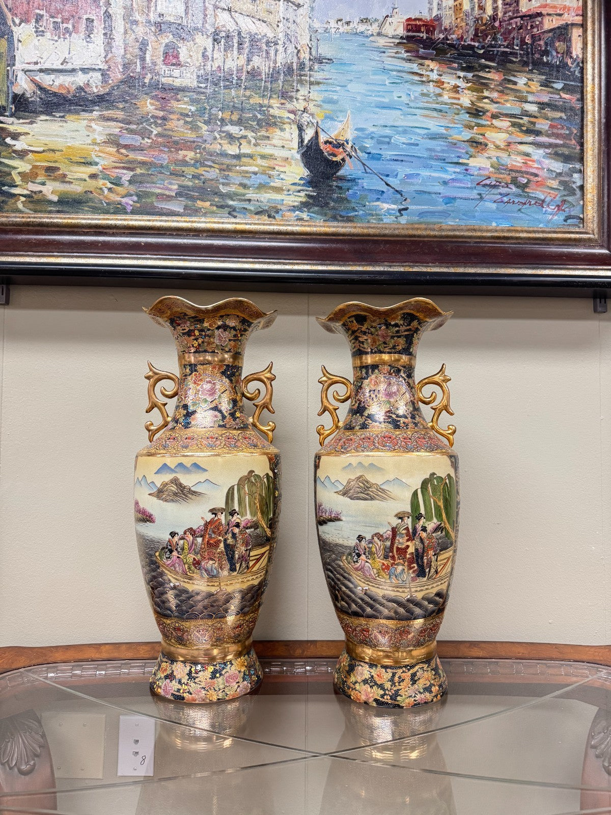 Pair Large 24” Japanese Satsuma Vases Hand Painted Gold Moriage Geisha Scene