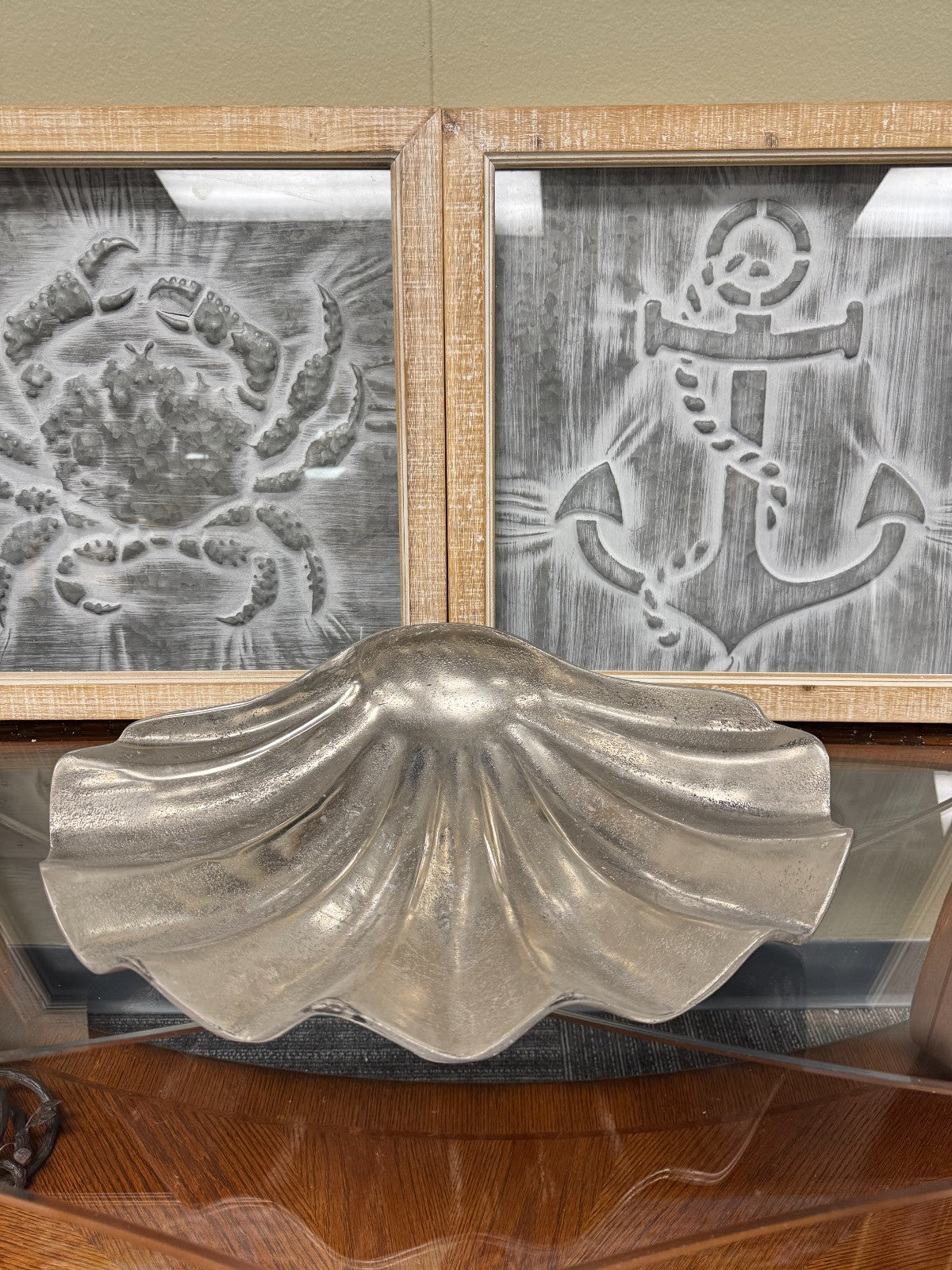 Large Silver Aluminum Clam Shell Bowl Decorative Centerpiece – 18”x14” Coastal S
