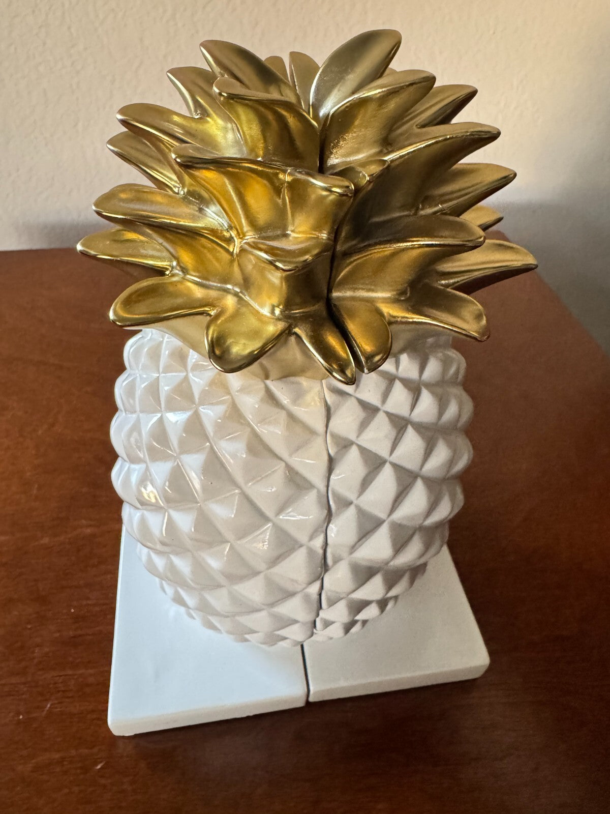 Pineapple Bookends - White Ceramic with Gold Accents, 7 Inches Tall”