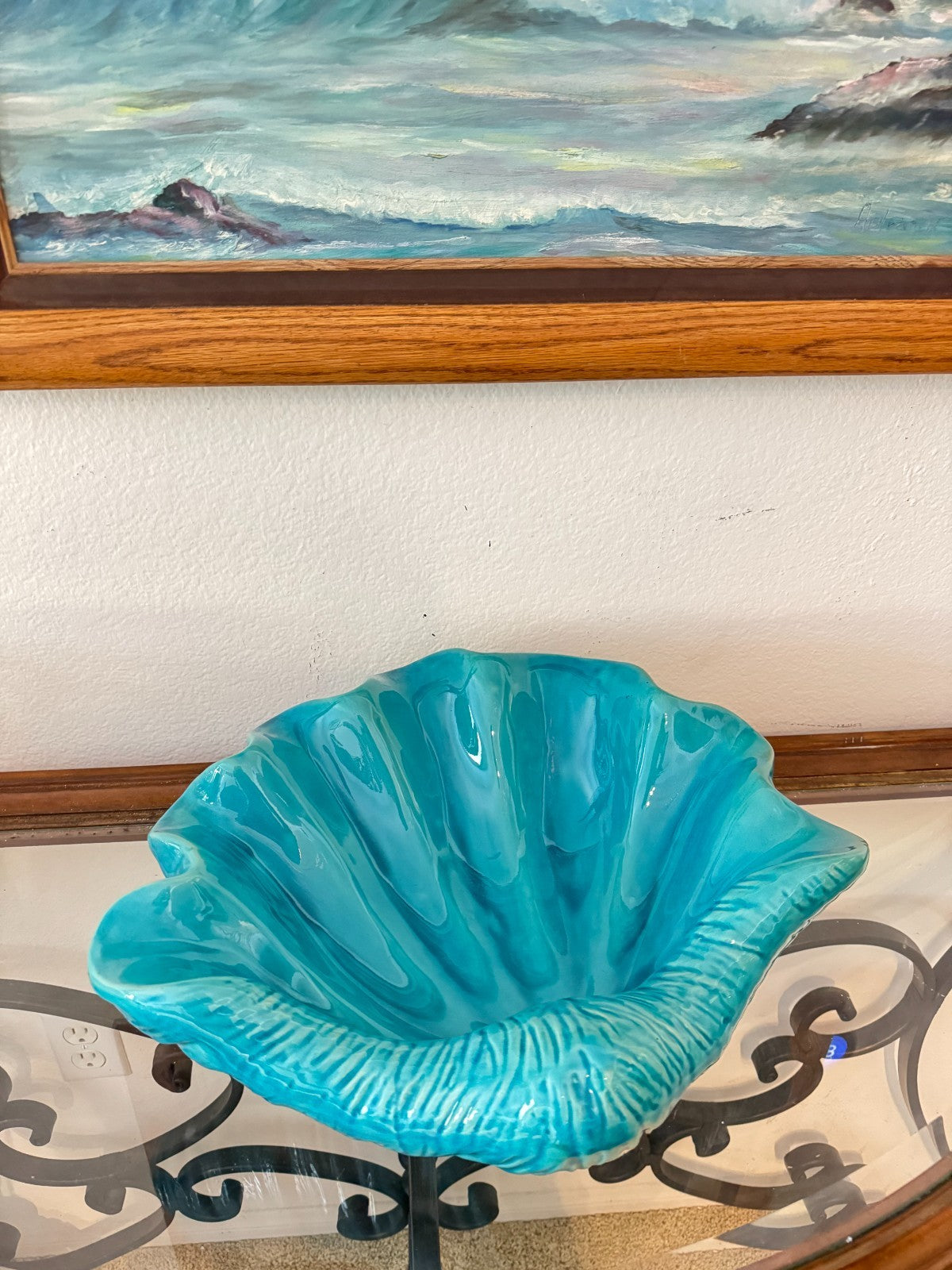Large Turquoise Ceramic Clam Shell Bowl | Marine Style  16”