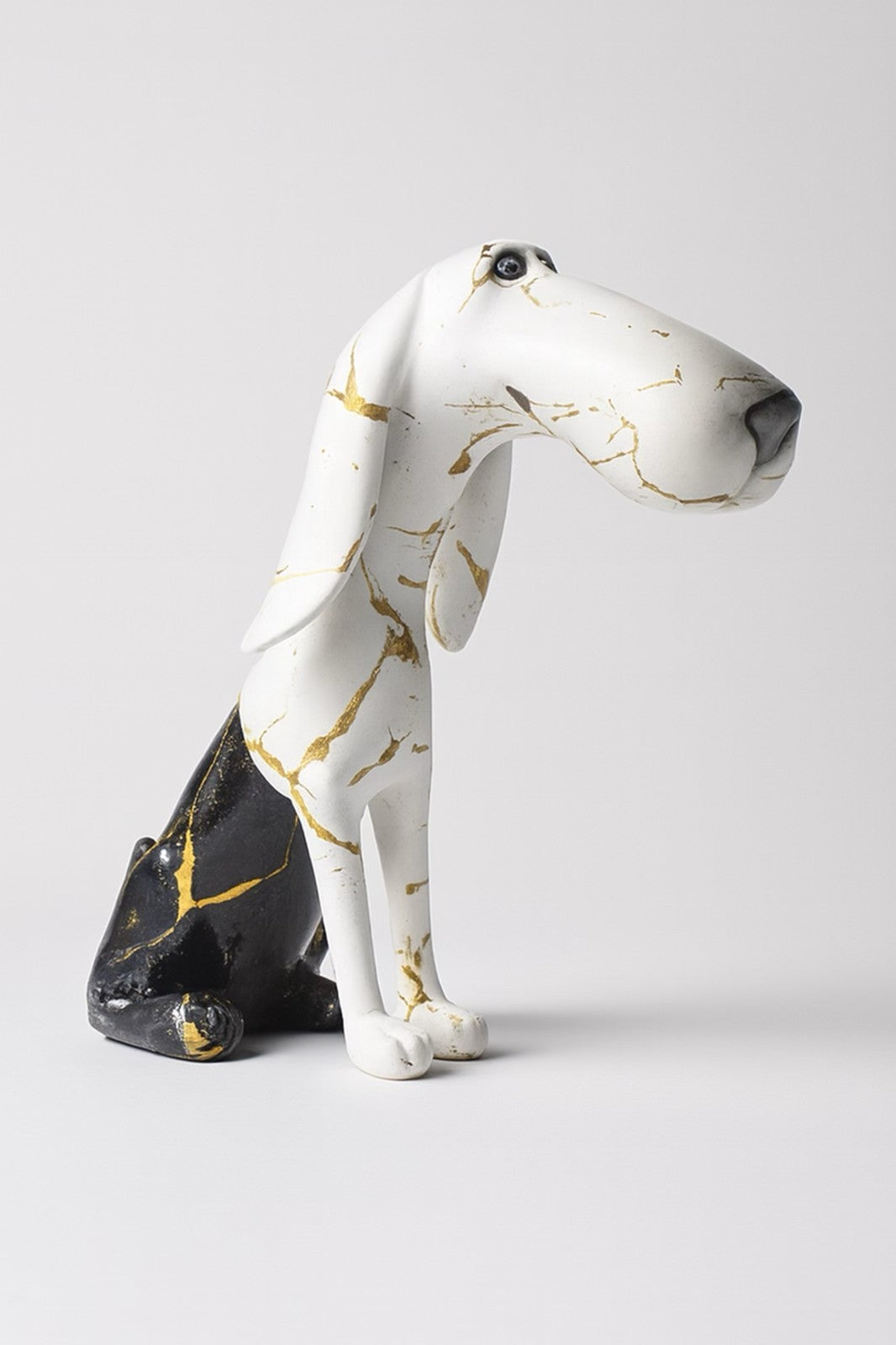 Stylized Resin Dog Figurine – White & Black with Gold Marble Accents 8.5Tall