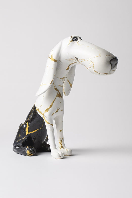 Stylized Resin Dog Figurine – White & Black with Gold Marble Accents 8.5Tall