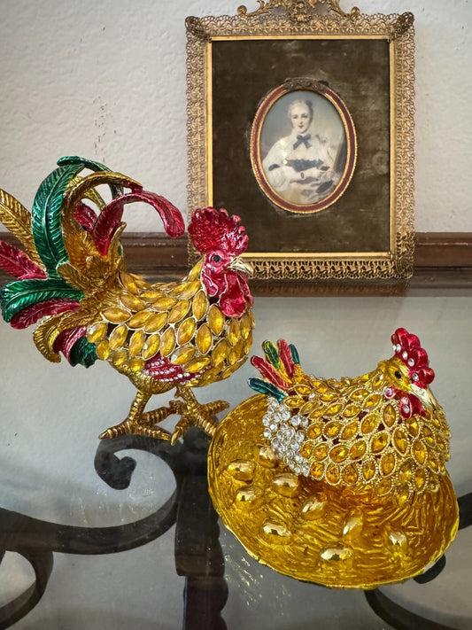 Colorful Set Rooster & Hen Jeweled Trinket Box  – Hinged Jewelry Storage Figurin