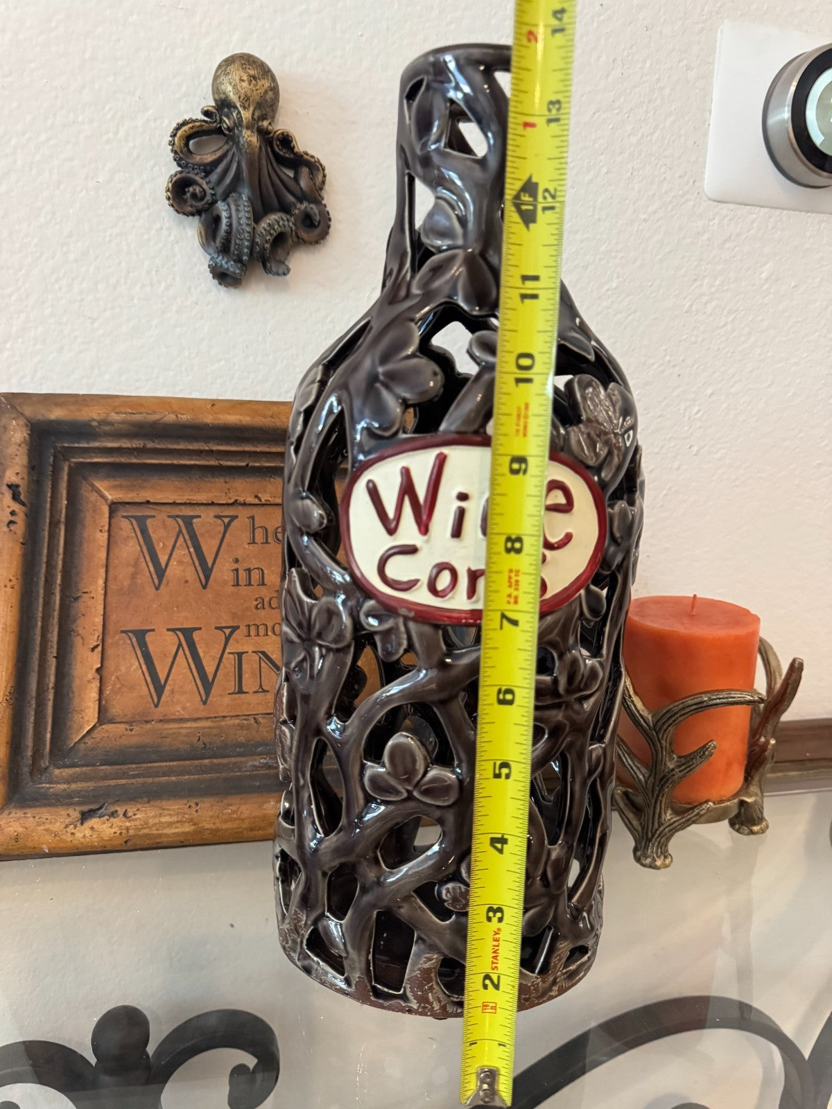 Decorative Ceramic Wine Cork Holder Bottle – Cutout Vine Design, 14” Tall