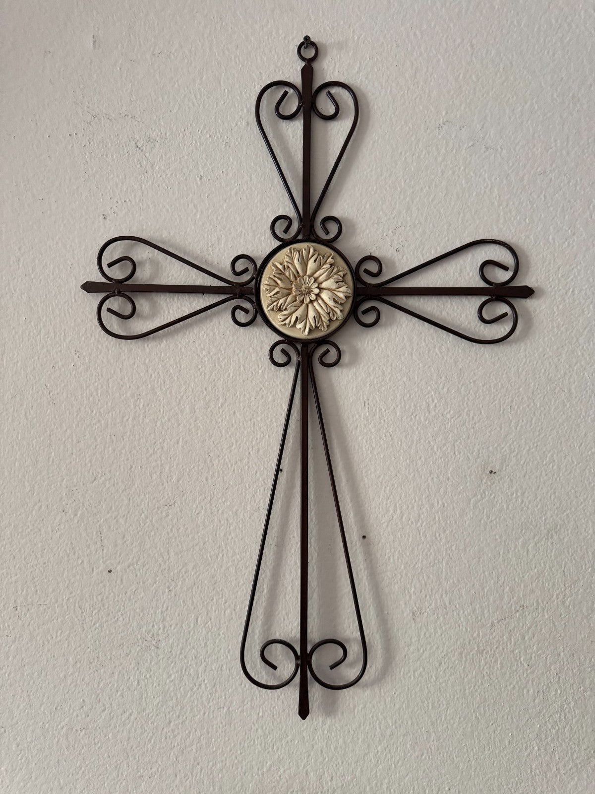 Large Metal Wall Cross with Center Floral Medallion – Scroll Design  27”x19”