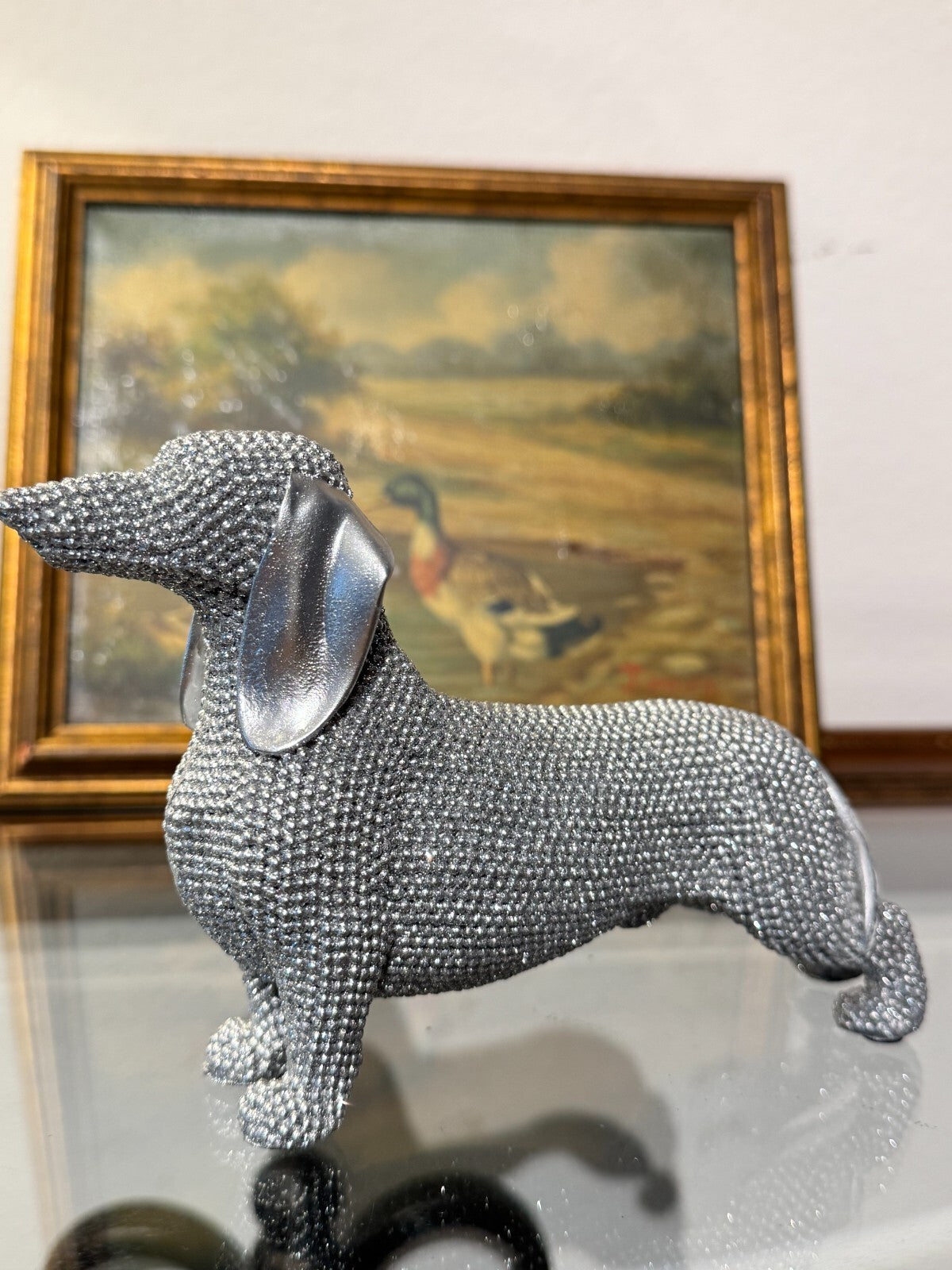 Elegant Silver  Beaded Dachshund Dog Figurine – Decorative Sculpture, 6 Long
