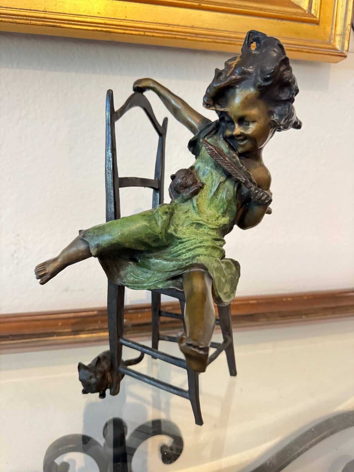 Pair of Original Bronze Sculptures by Juan Clara – Charming Girl Figures on Chai