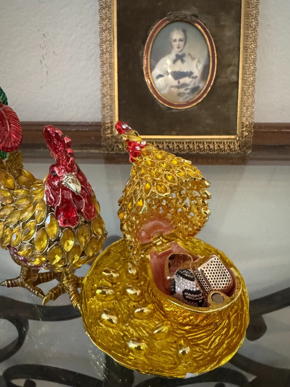 Colorful Set Rooster & Hen Jeweled Trinket Box  – Hinged Jewelry Storage Figurin