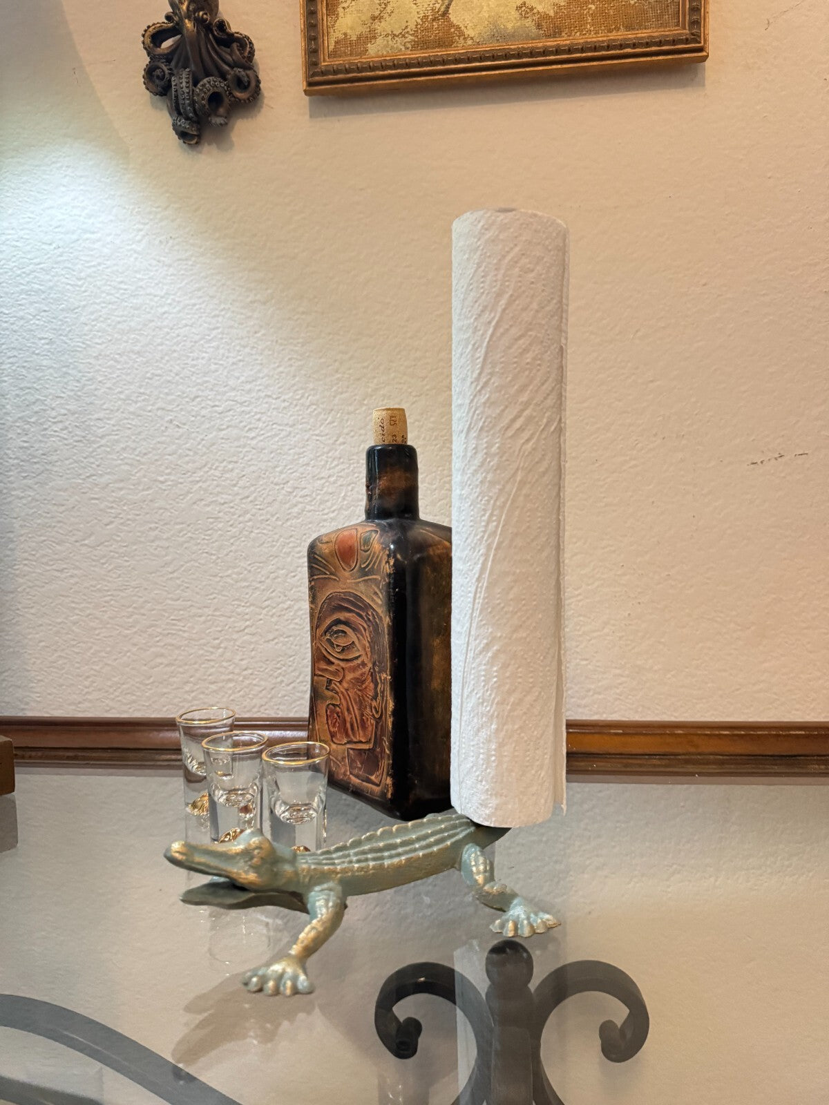 Whimsical Cast Iron Alligator Paper Towel Holder – 12” Tall Tail Stand, Light Bl