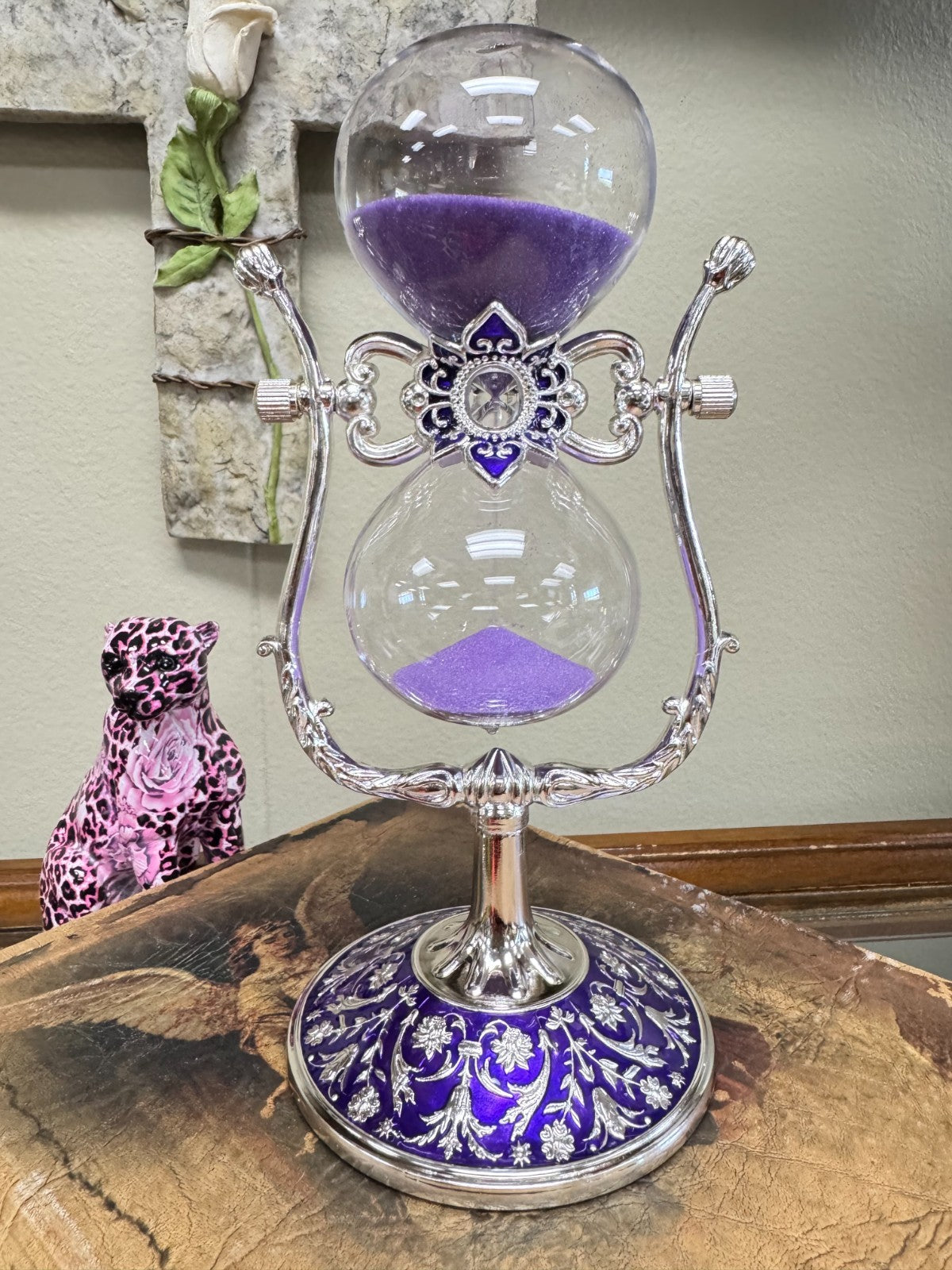 Purple Hourglass Timer with Ornate Enamel Base – 8” Decorative Sand Timer