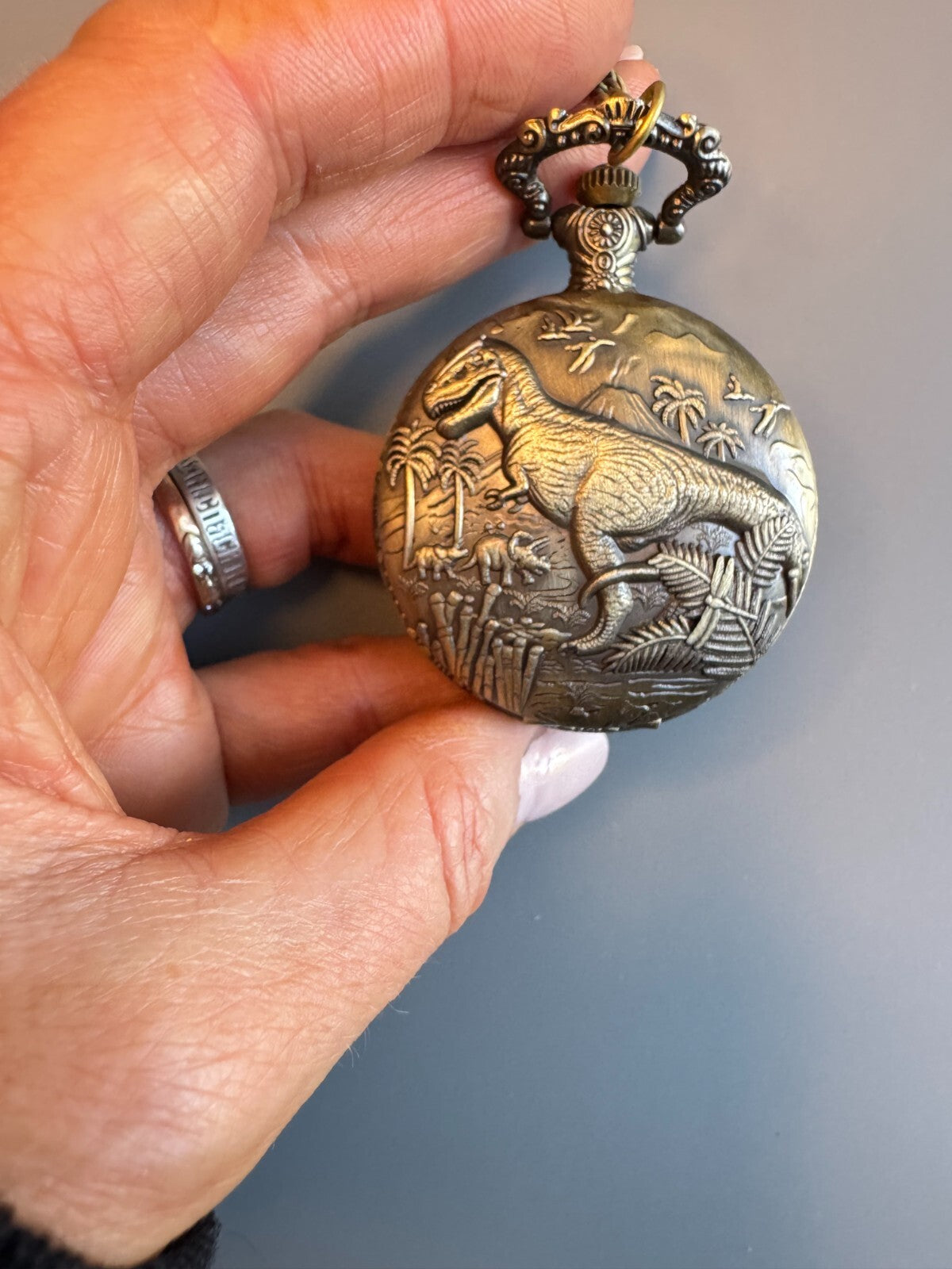 Bronze Dinosaur Embossed Pocket Watch. With Chain.Unisex . Gift and Souvenir