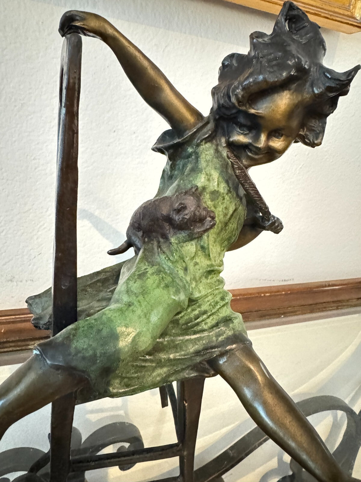 Pair of Original Bronze Sculptures by Juan Clara – Charming Girl Figures on Chai