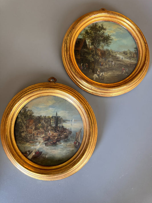 Antiques Oval Framed Oil Paintings by V. Olsen – European Village & Harbor Scene