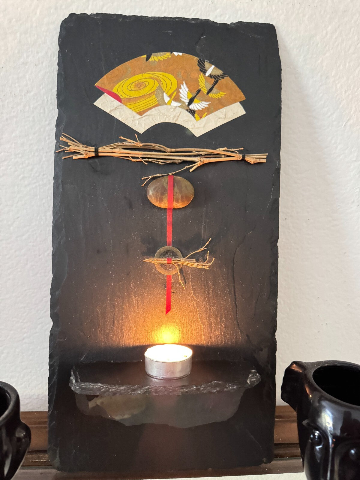 Handcrafted Slate Wall Art with Candle Holder – Japanese Zen Stone Decor