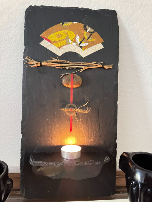 Handcrafted Slate Wall Art with Candle Holder – Japanese Zen Stone Decor