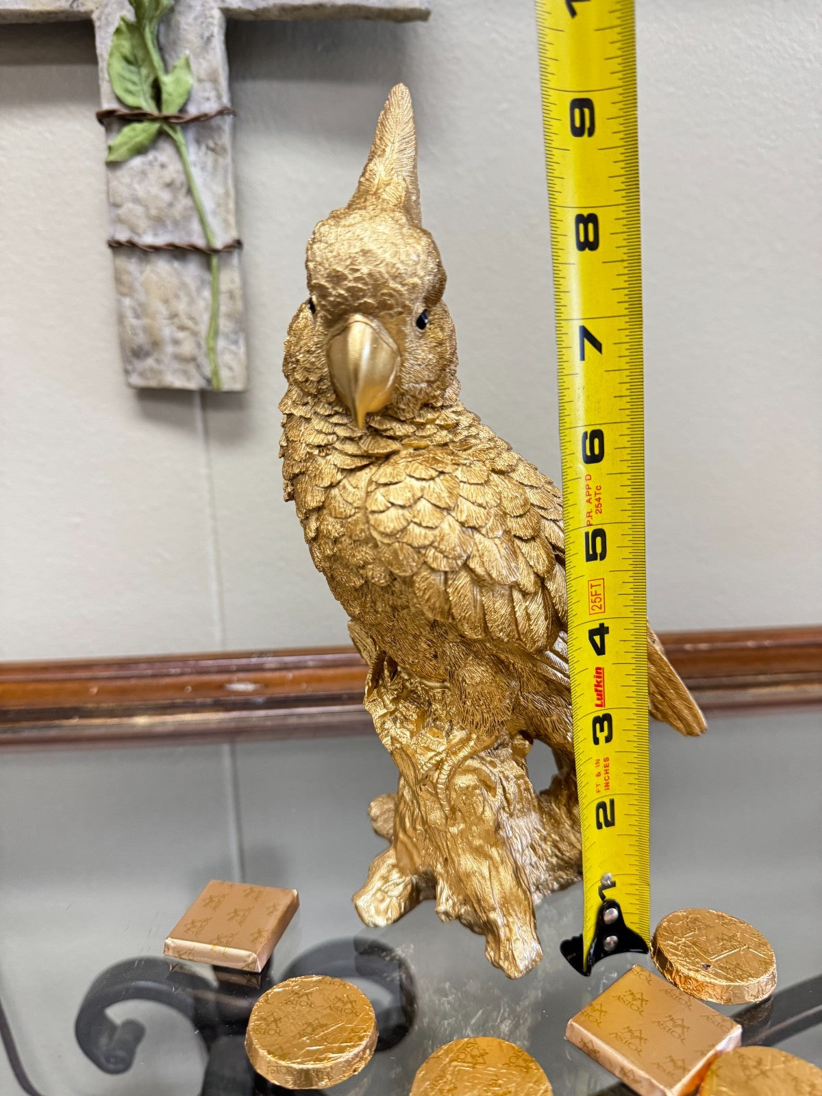 Gold Resin Cockatoo Parrot Figurine Sculpture on Tree Stump – 9” Tall Home Décor
