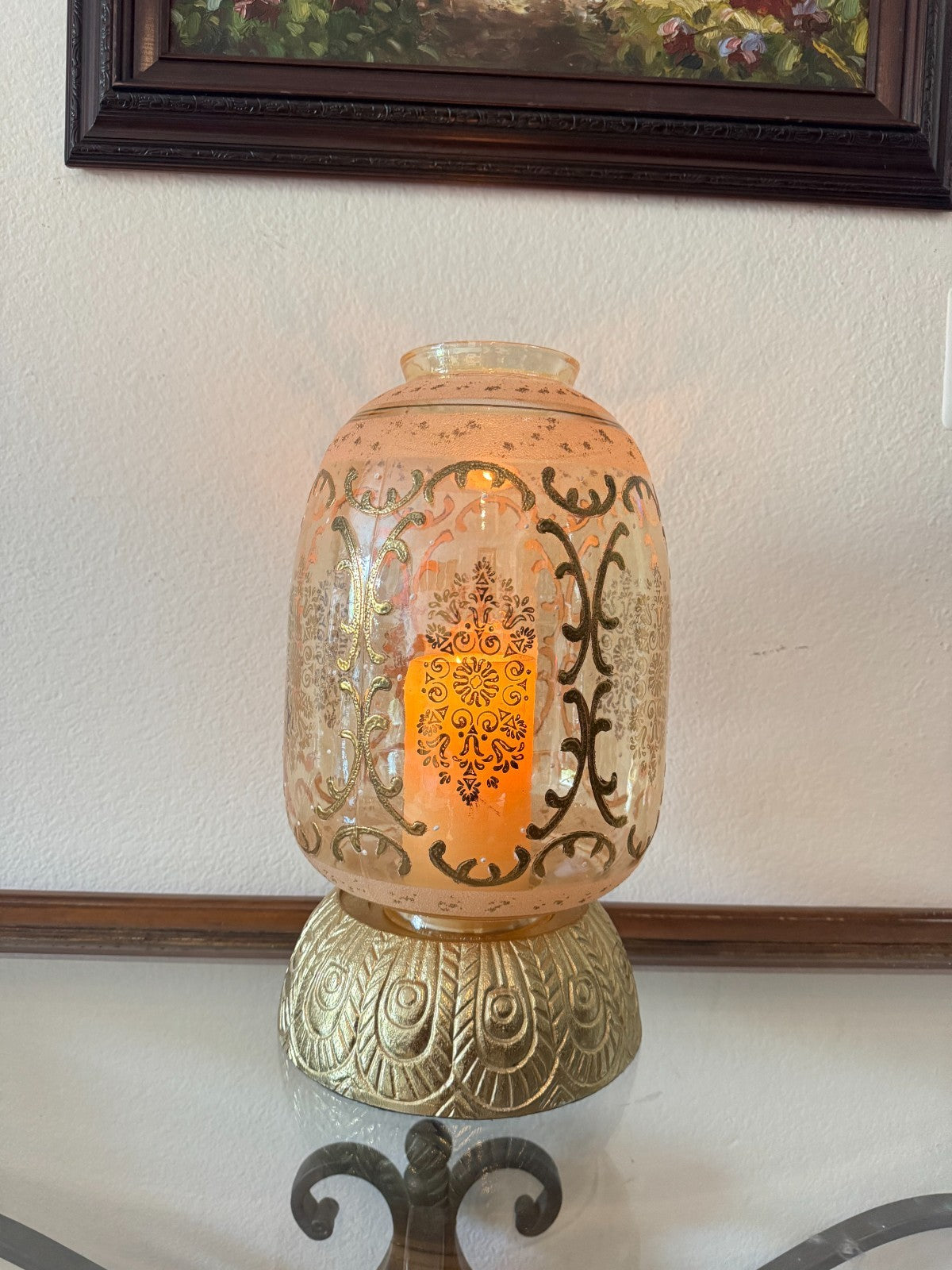 Glass Hurricane Candle Holder with Gold Embossed Pattern Tall 14