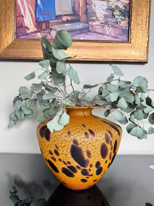 Handblown Art Glass Vase Amber Brown Tortoiseshell Pattern – 8.5” Tall