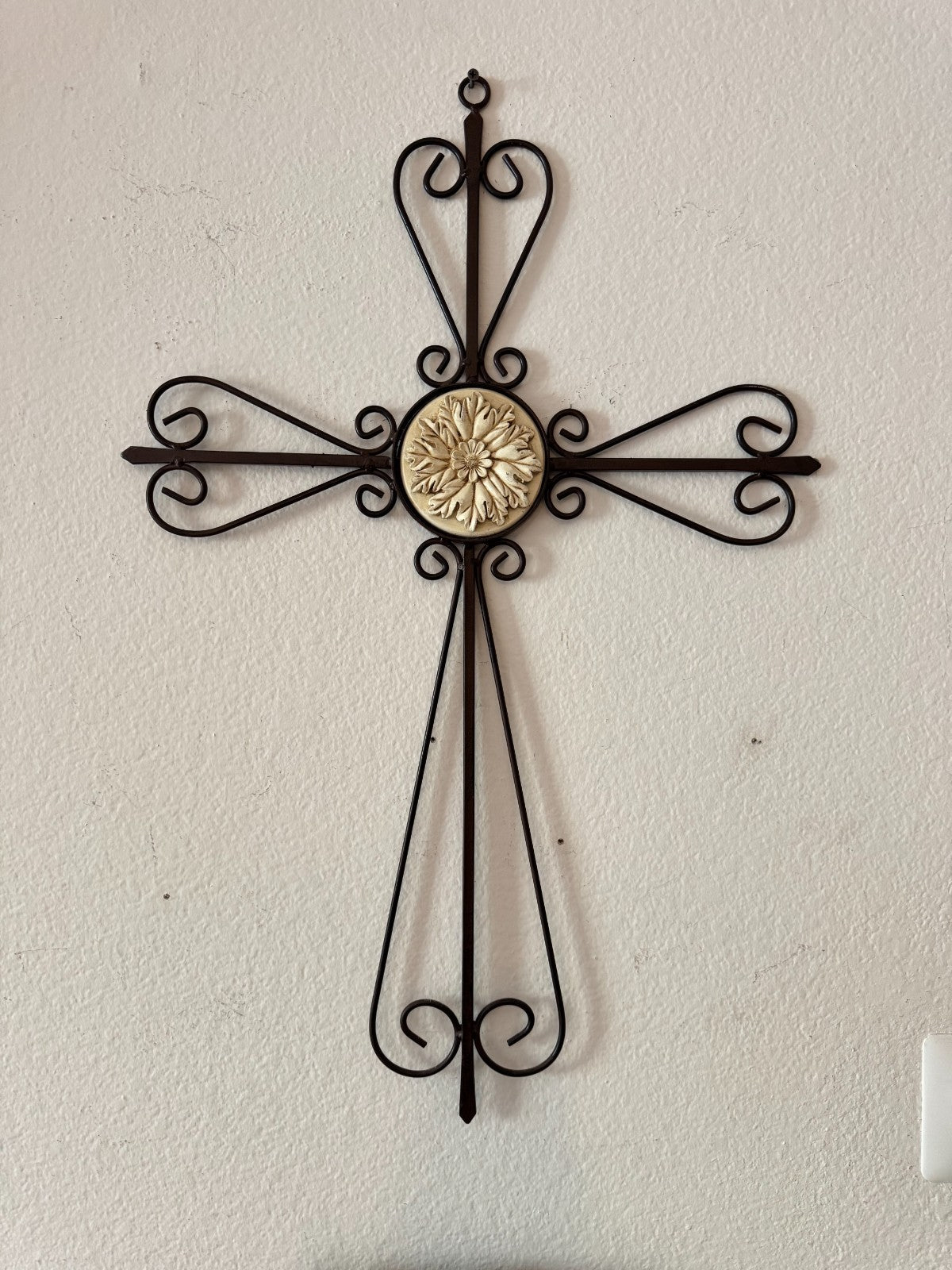 Large Metal Wall Cross with Center Floral Medallion – Scroll Design  27”x19”