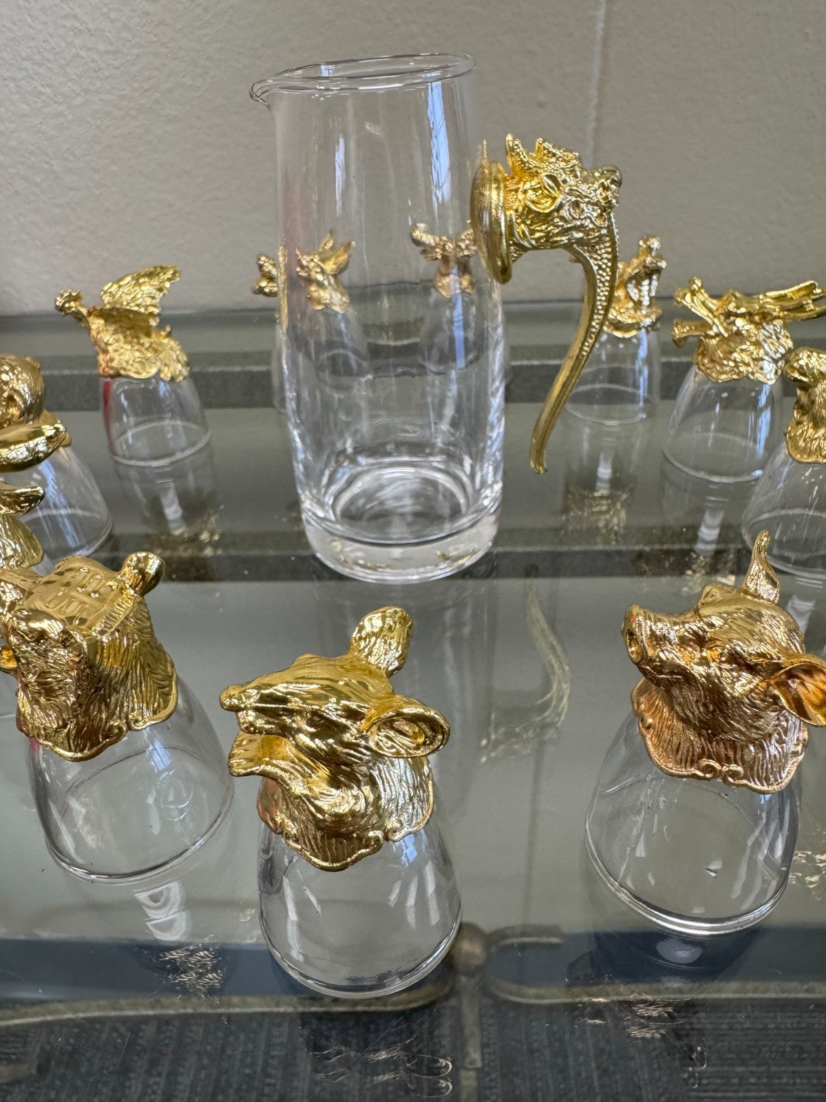 Zodiac Wine Set – 12 Gold Animal Shot Glasses & Glass Decanter with Dragon Handl