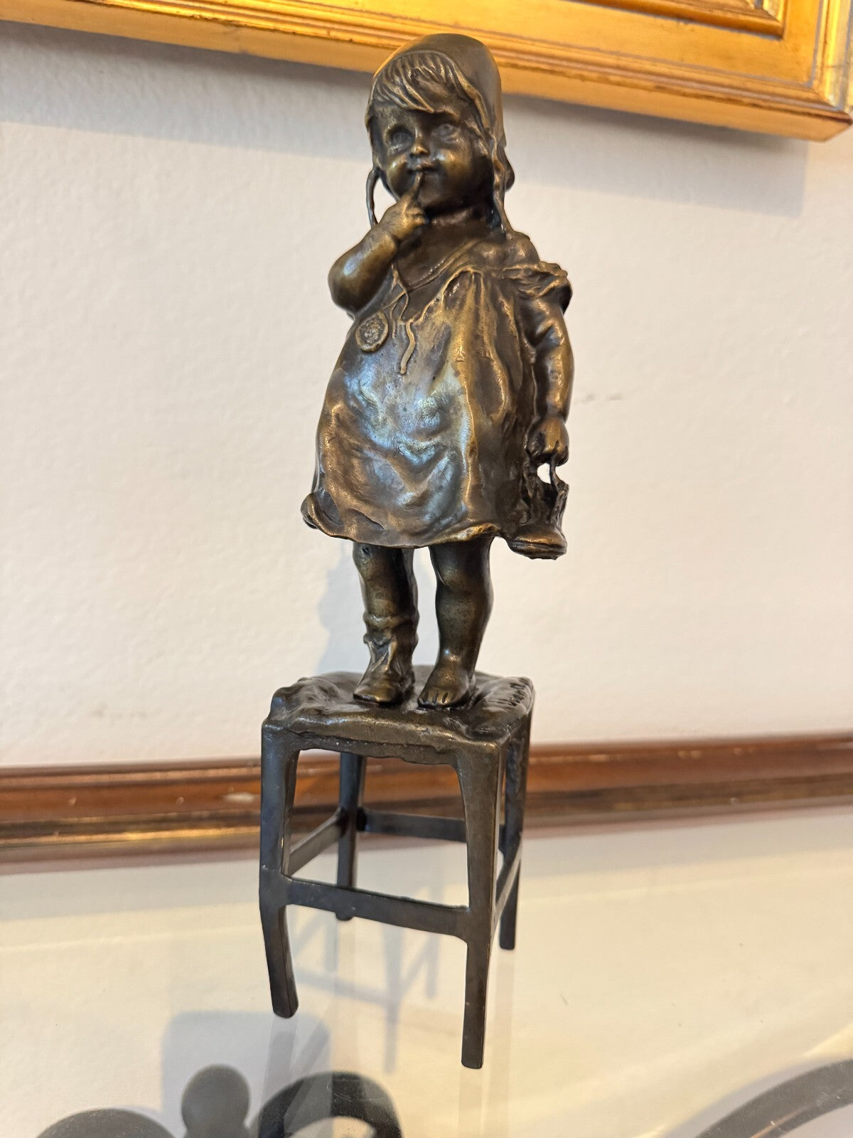 Pair of Original Bronze Sculptures by Juan Clara – Charming Girl Figures on Chai