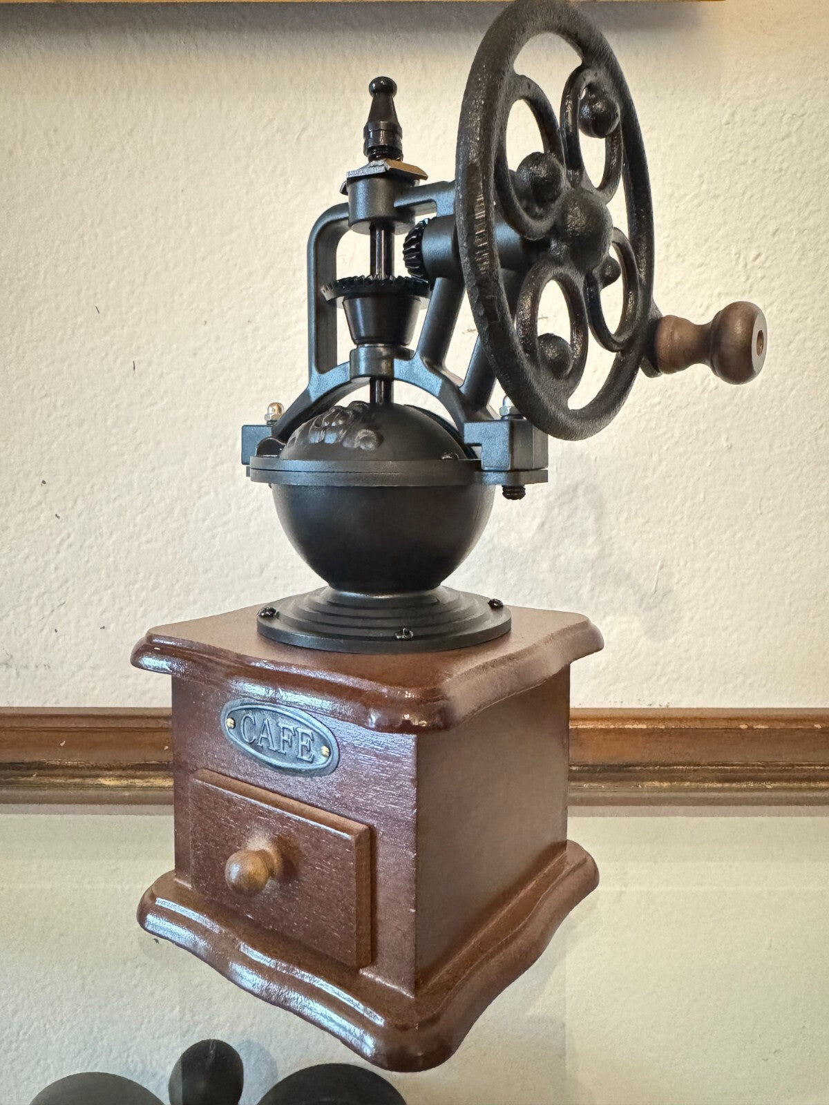 Vintage-Style Manual Coffee Grinder Cast Iron & Wood Hand Crank Mill “CAFE” 9”