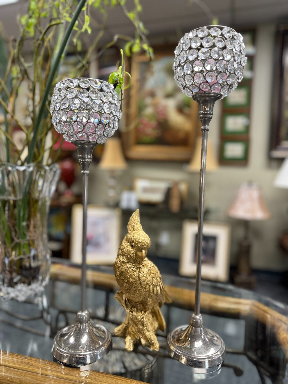 Set of 2 Crystal Beaded Candle Holders – 20, 17” Tall Silver Metal Stands