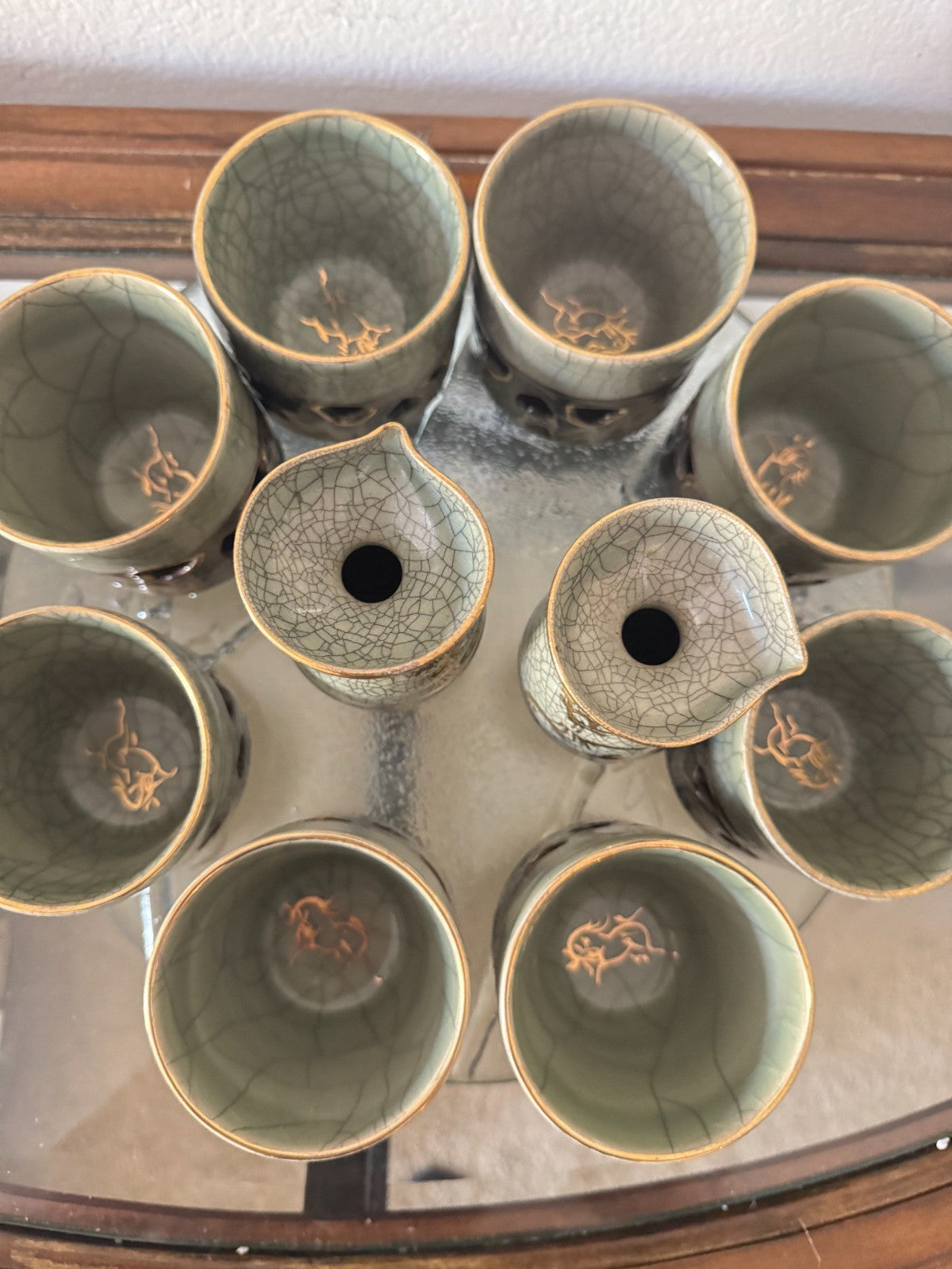 Somayaki Soma Ware Sake Cups Shot Glass Set of 8 Celadon old Horse Double Wall ,