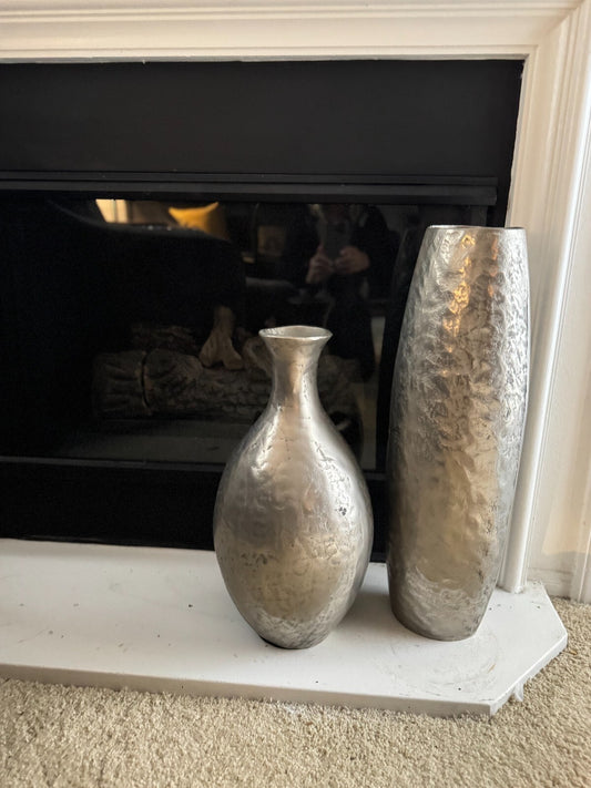 Set of 2 Hammered Silver Metal Floor Vases Modern  24,19 inches tall