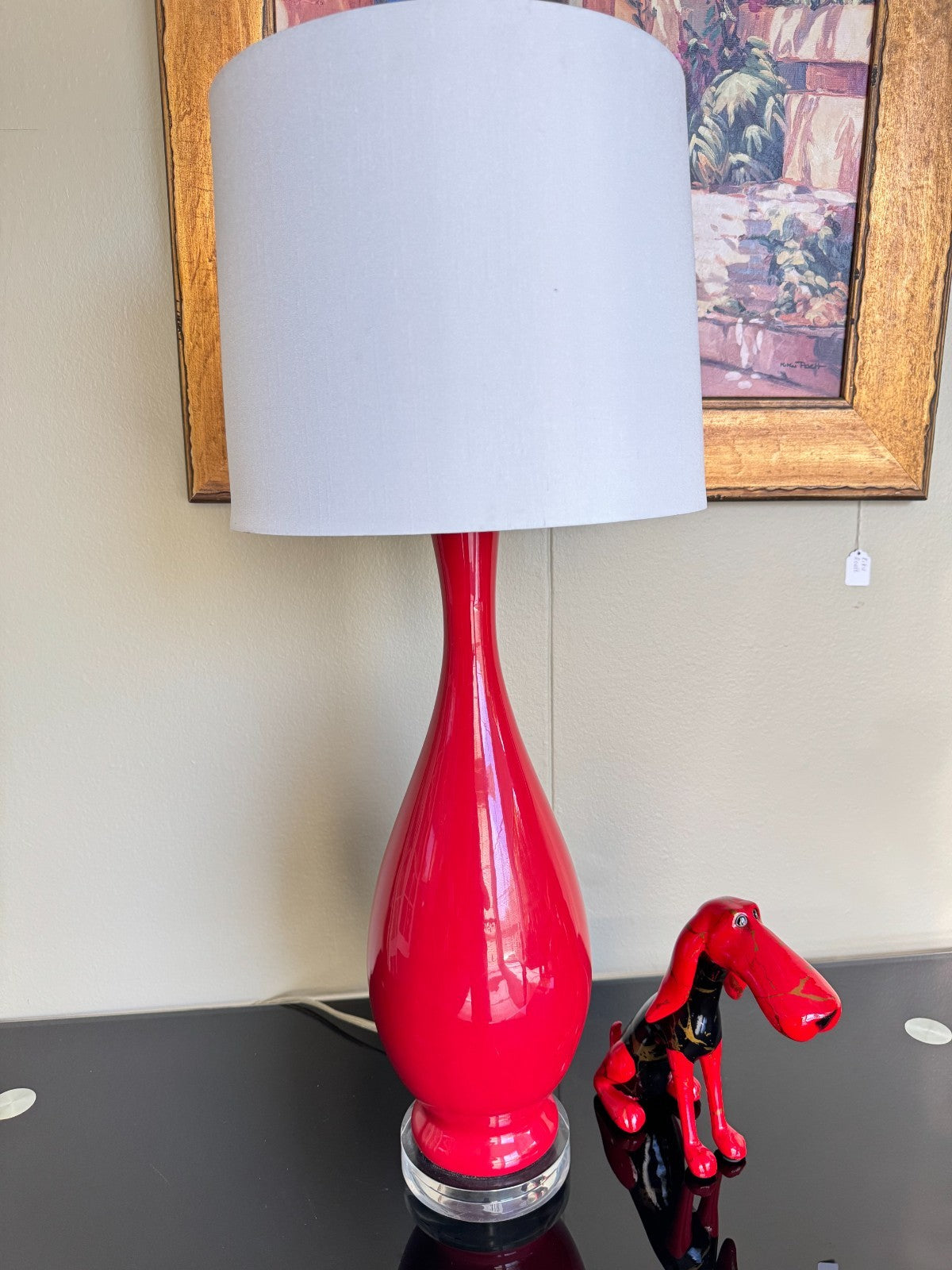 Modern Red Ceramic Table Lamp with White Fabric Shade – 28” Tall