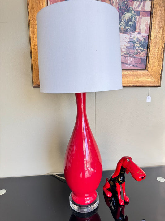 Modern Red Ceramic Table Lamp with White Fabric Shade – 28” Tall