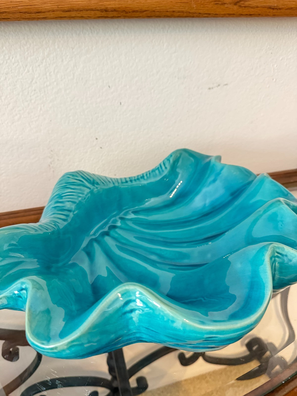 Large Turquoise Ceramic Clam Shell Bowl | Marine Style  16”