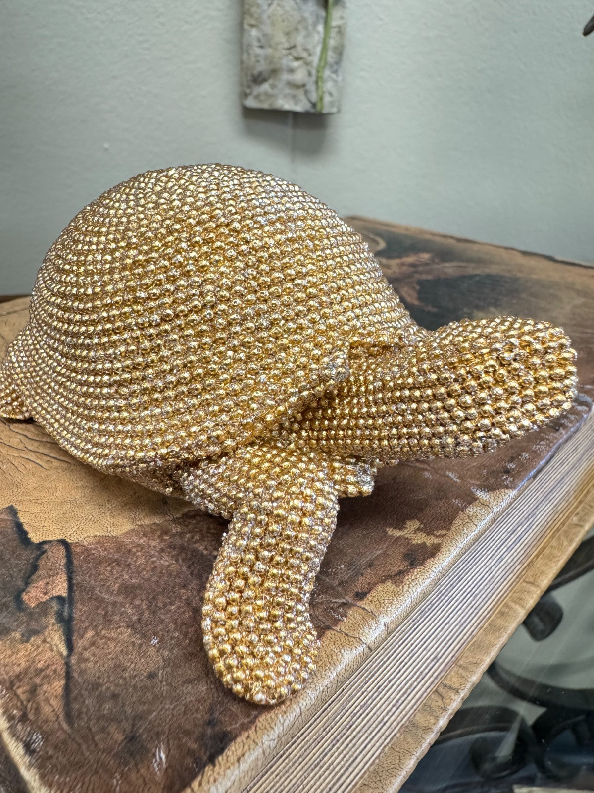 Gold Rhinestone Sea Turtle Figurine – Sparkling Resin Coastal Home Décor (5”)