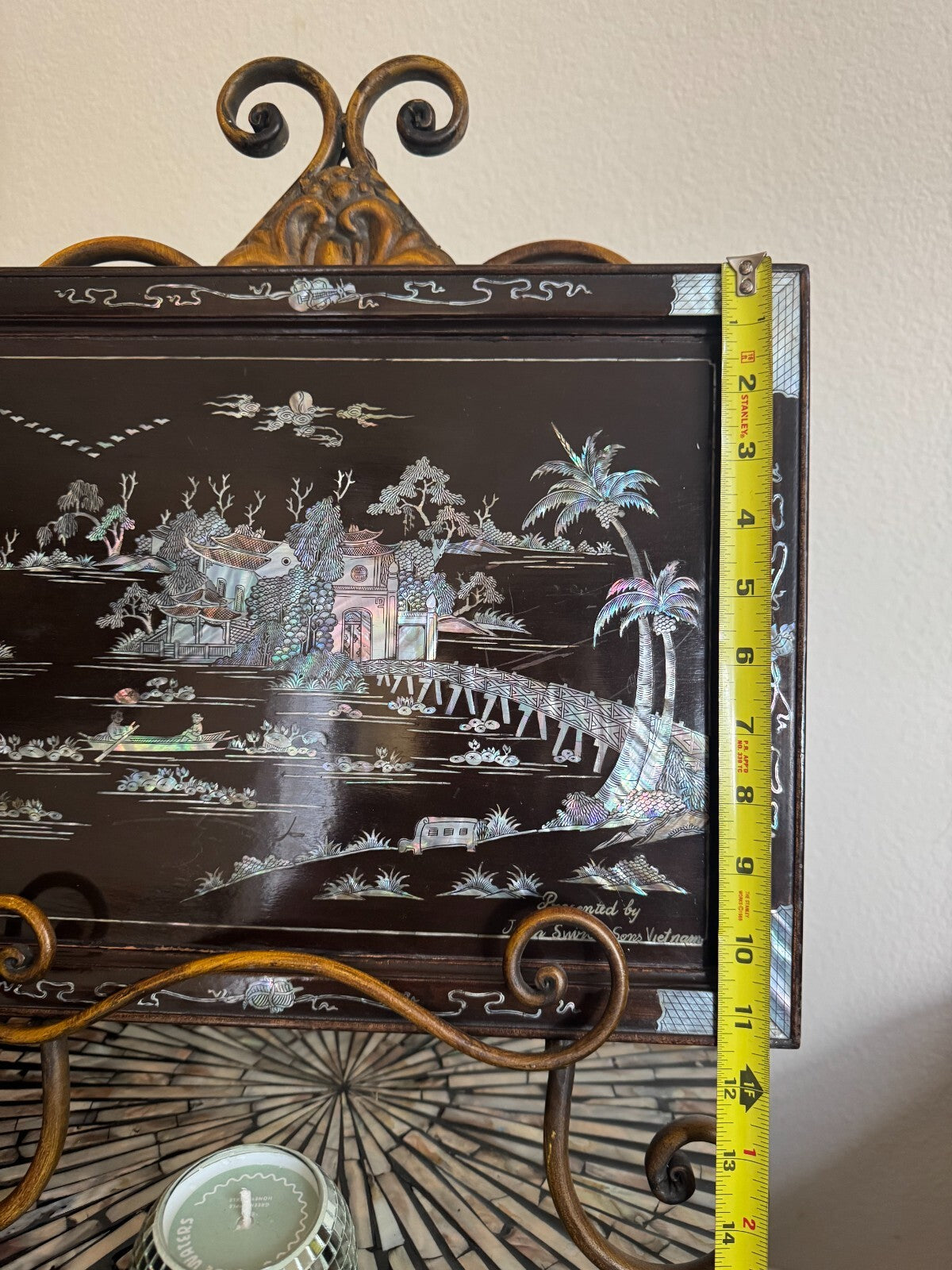 Vintage Vietnamese Mother of Pearl Inlay Lacquer Panel – 12x15”
