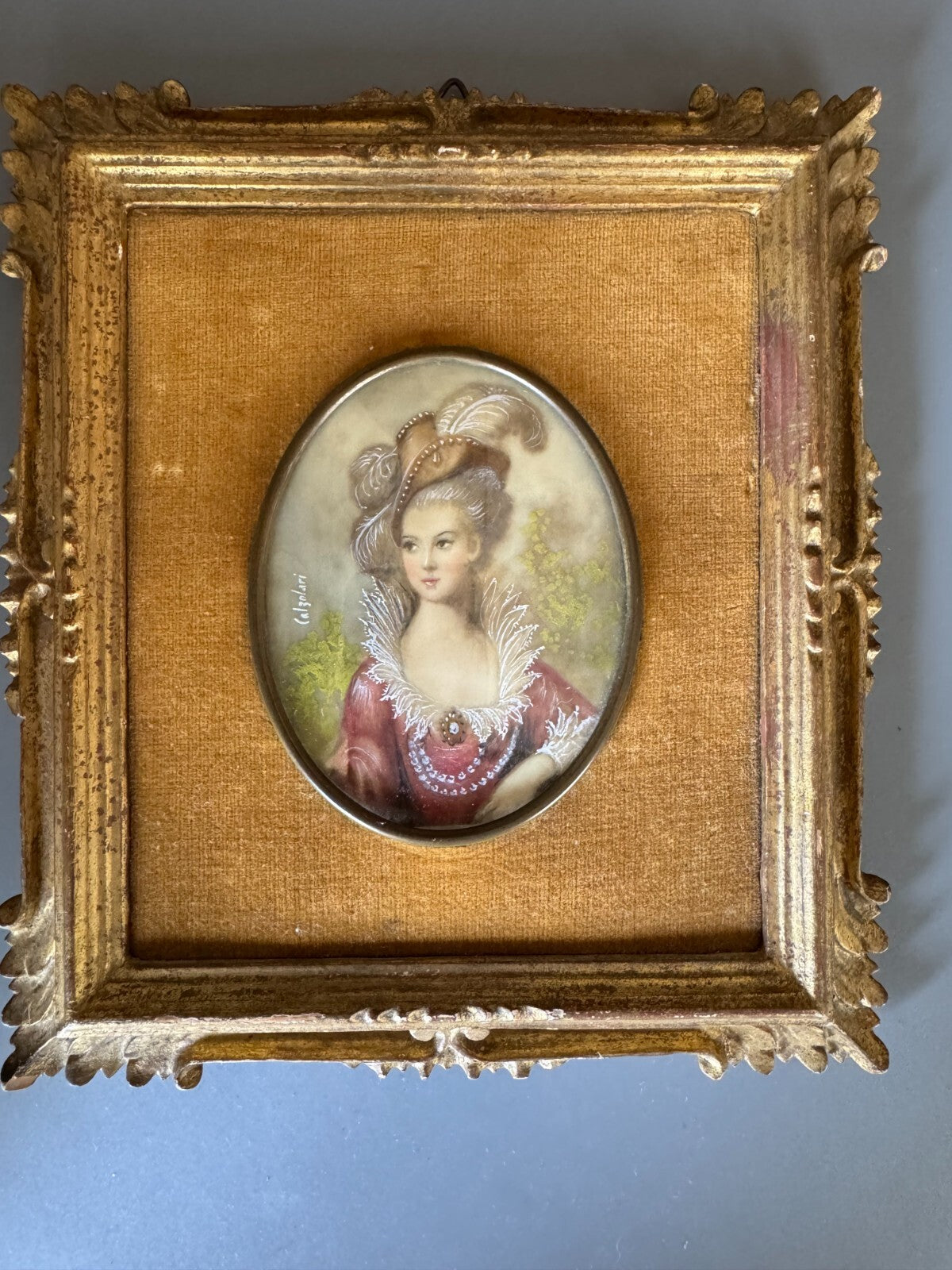 Antique Miniature Portrait Painting Signed Calzolari Framed 19th Century