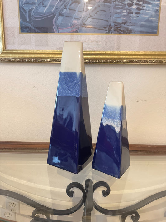 Set of 2 Modern Ombre Blue & White Ceramic Vases – 16” & 12” Geometric Tapered