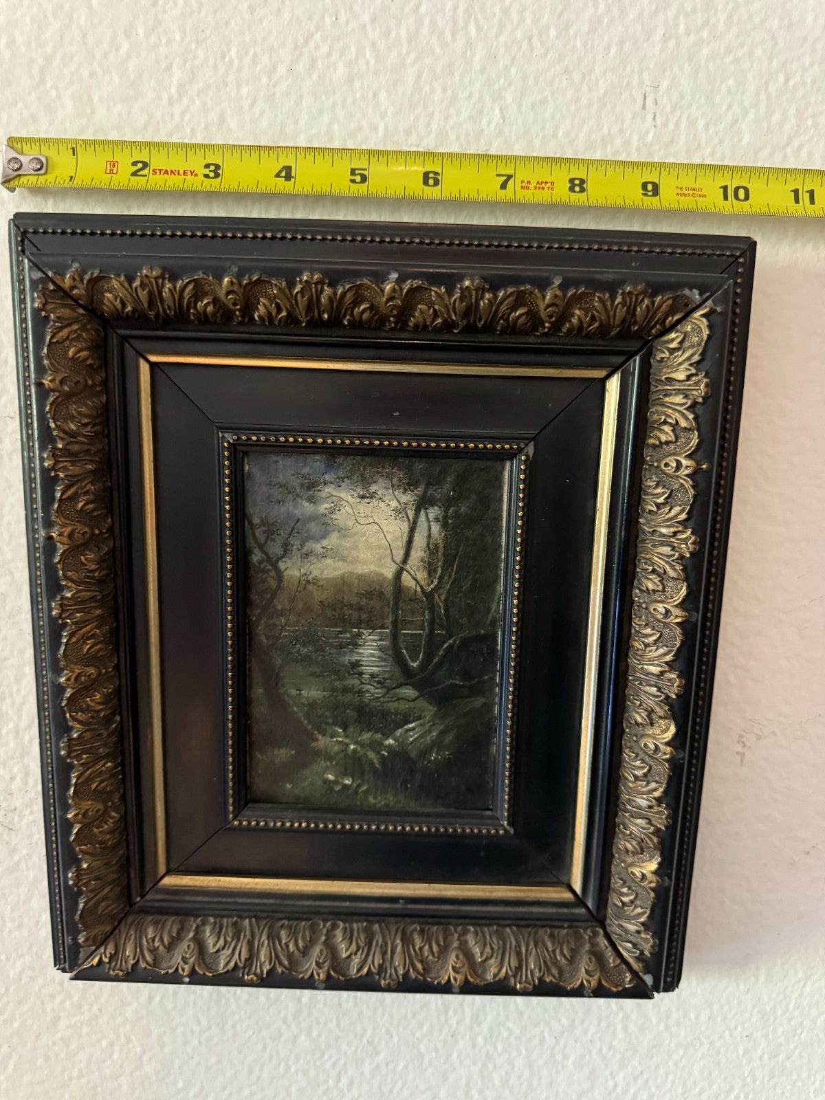 Antique Framed Oil Painting – Woodland River Landscape – Ornate Black & Gold Fra