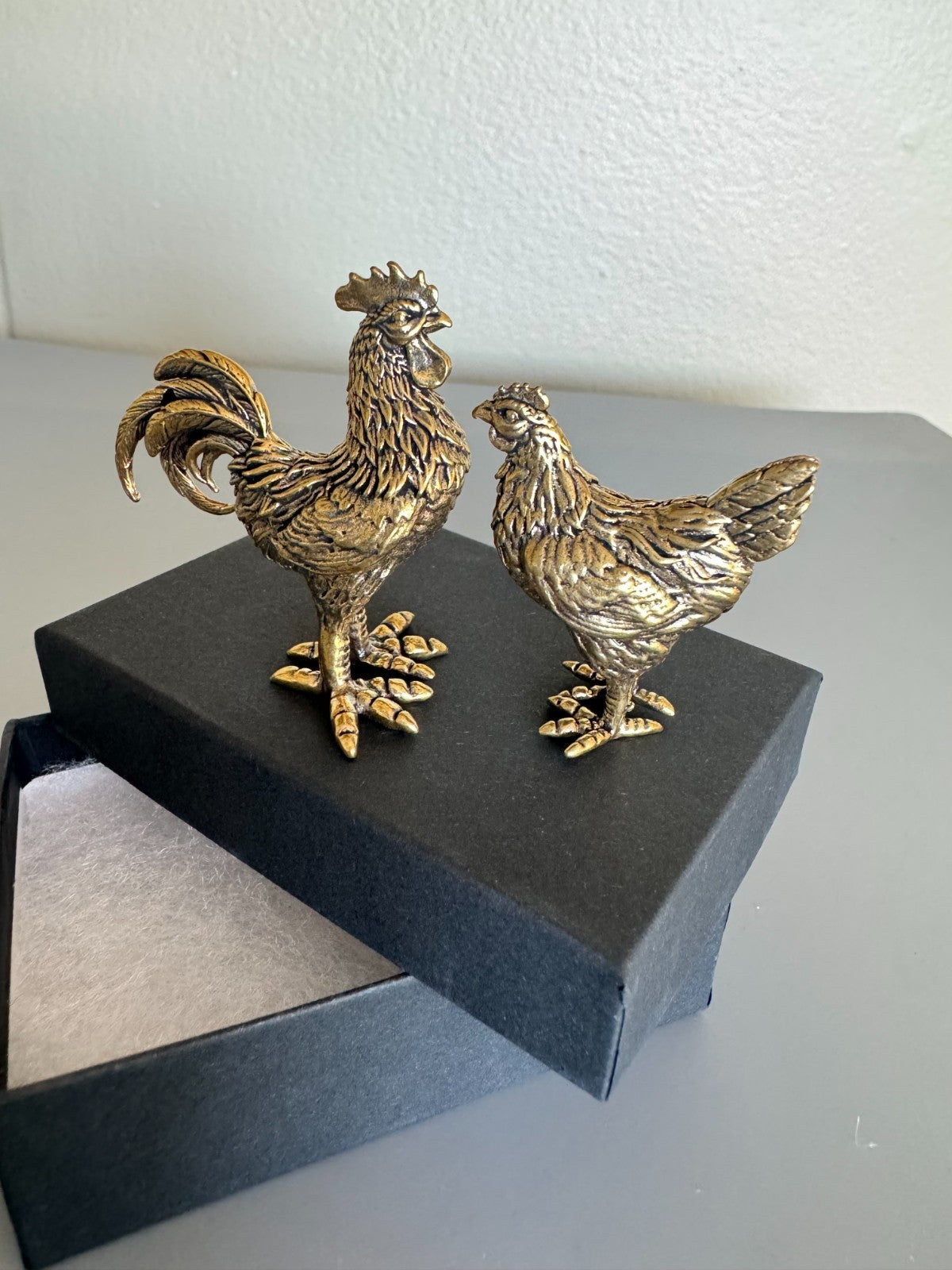 Elegant Brass Rooster and Hen Figurine Set Brand New Gift Box