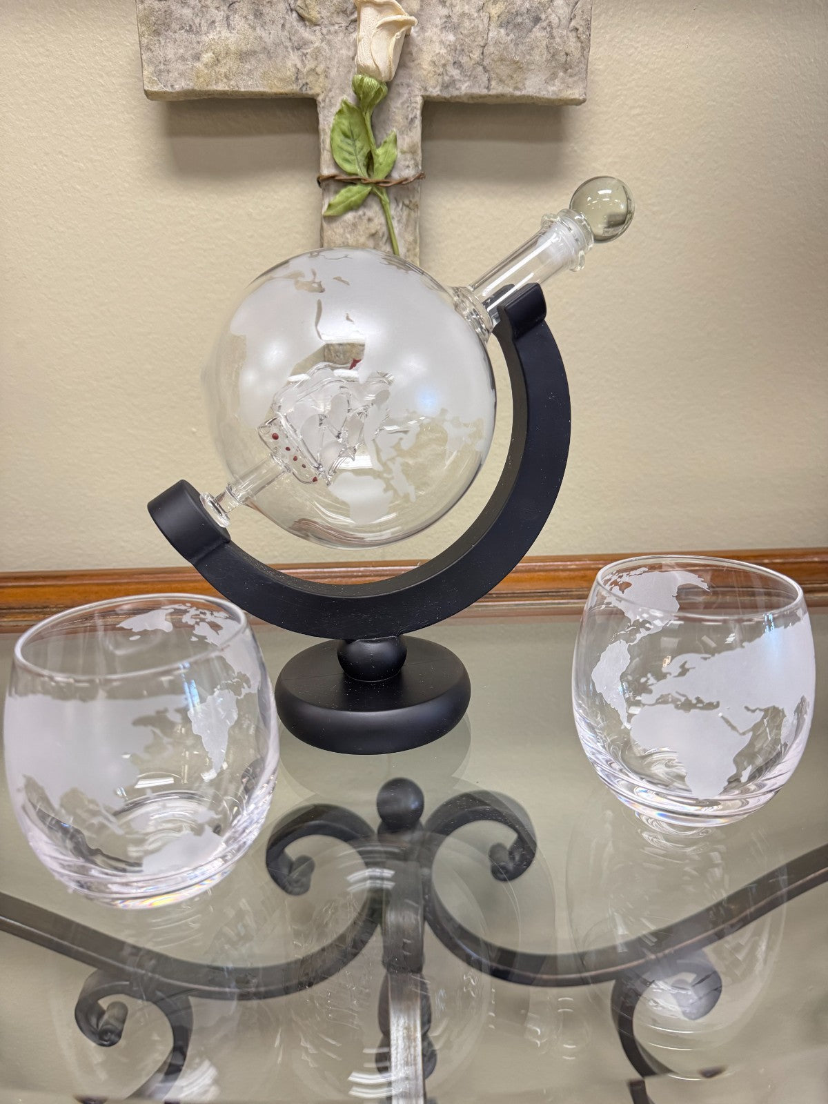 Whiskey Decanter Globe Set with Ship Inside + 2 Etched Glasses – World Map